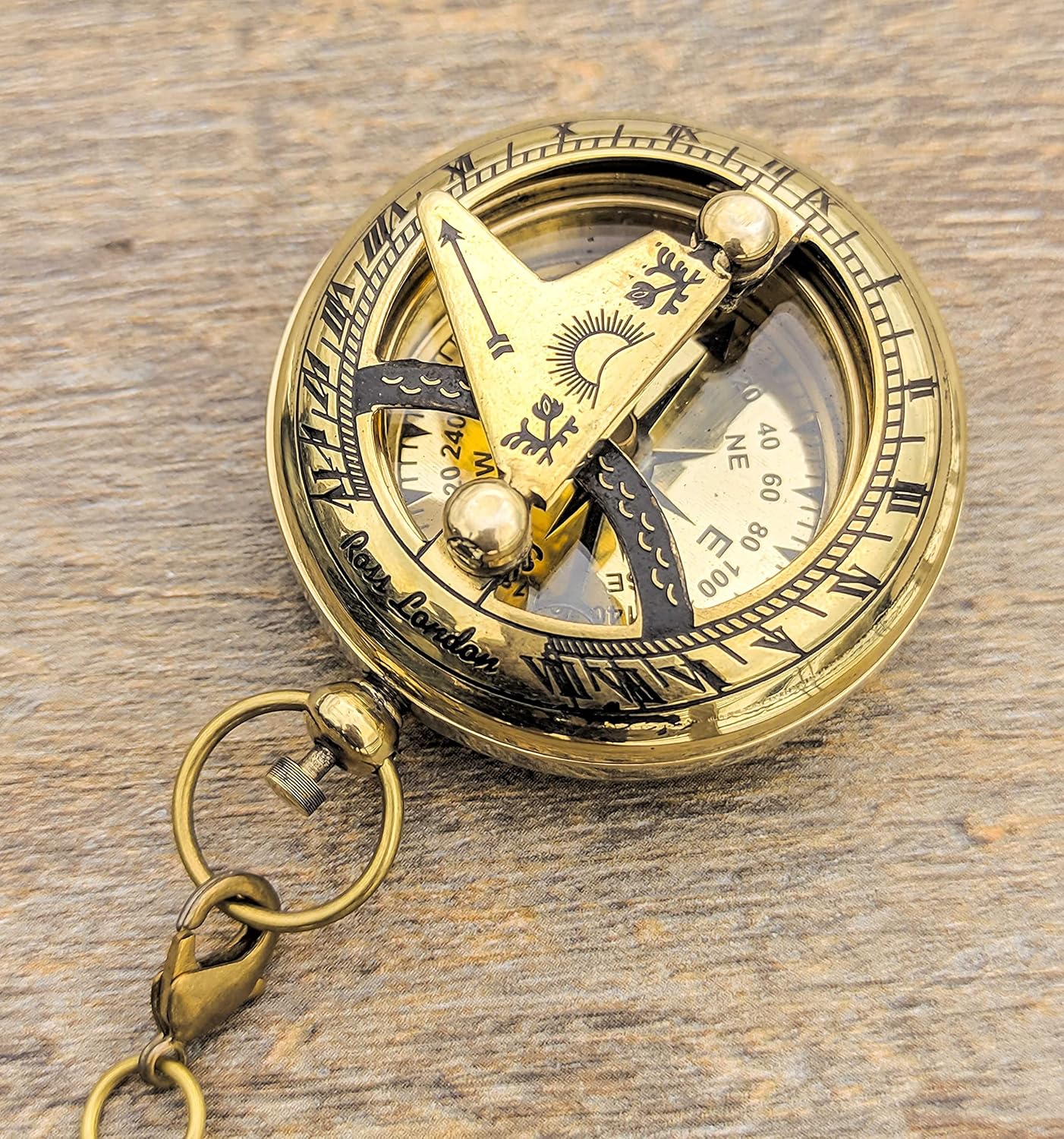 Brass Sundial Compass with Leather Case and Chain - Push Open Compass - Steampunk Accessory - Pocket Sundial Compass - Beautiful Handmade Gift -Sundial Clock, Gold, 2 Inch