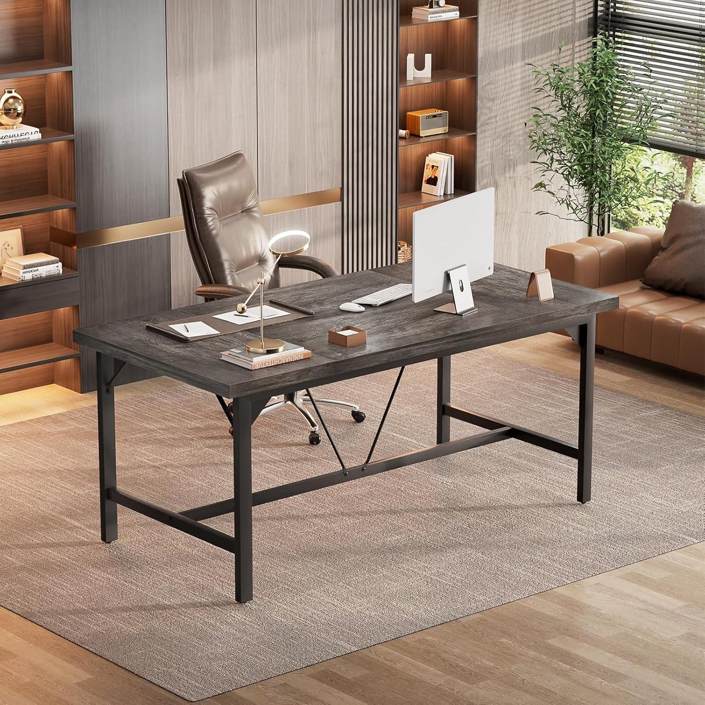 Unikito Large Computer Desk, 63x31.5 Inch Large Office Desks, Premium Sturdy 2 Person Desk, 1.4” Thick Study Writing Table, Modern Laptop Computer Table for Home Office Workstation, Black Oak