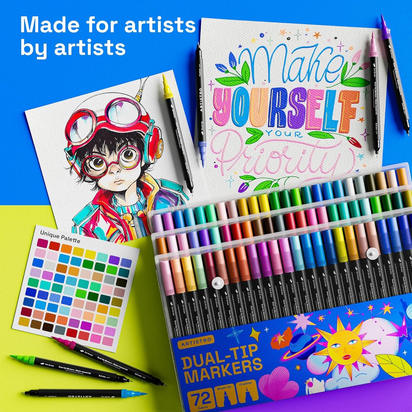 ARTISTRO 72 Brush Marker Pens Coloring Markers for Adults Brush Tip & 0.4mm Fineliner Pens Coloring Markers No Bleeding