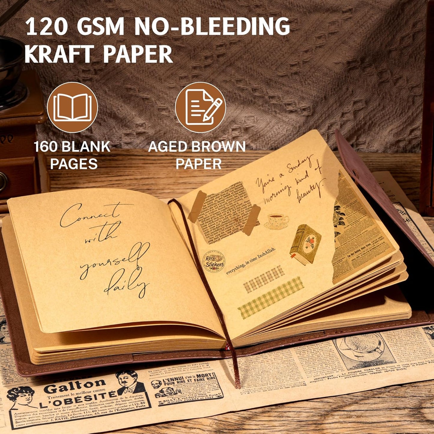 Vintage Leather Journal for Women Men, Junk Journal Notebook Soft Cover, Book of Shadows Journals for Travel Diary Scrapbook Sketchbook Journaling Writing, Brown