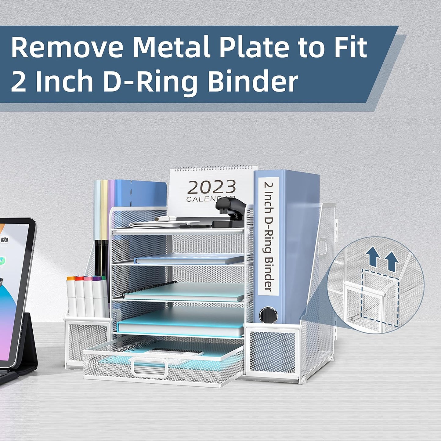 SUPEASY Mesh Desk Organizer with File Holder, 5-Tier Paper Letter Tray Organizer with Magazine Holder, Desktop Organizer and Storage with Drawer for Office Supplies Home or School, White