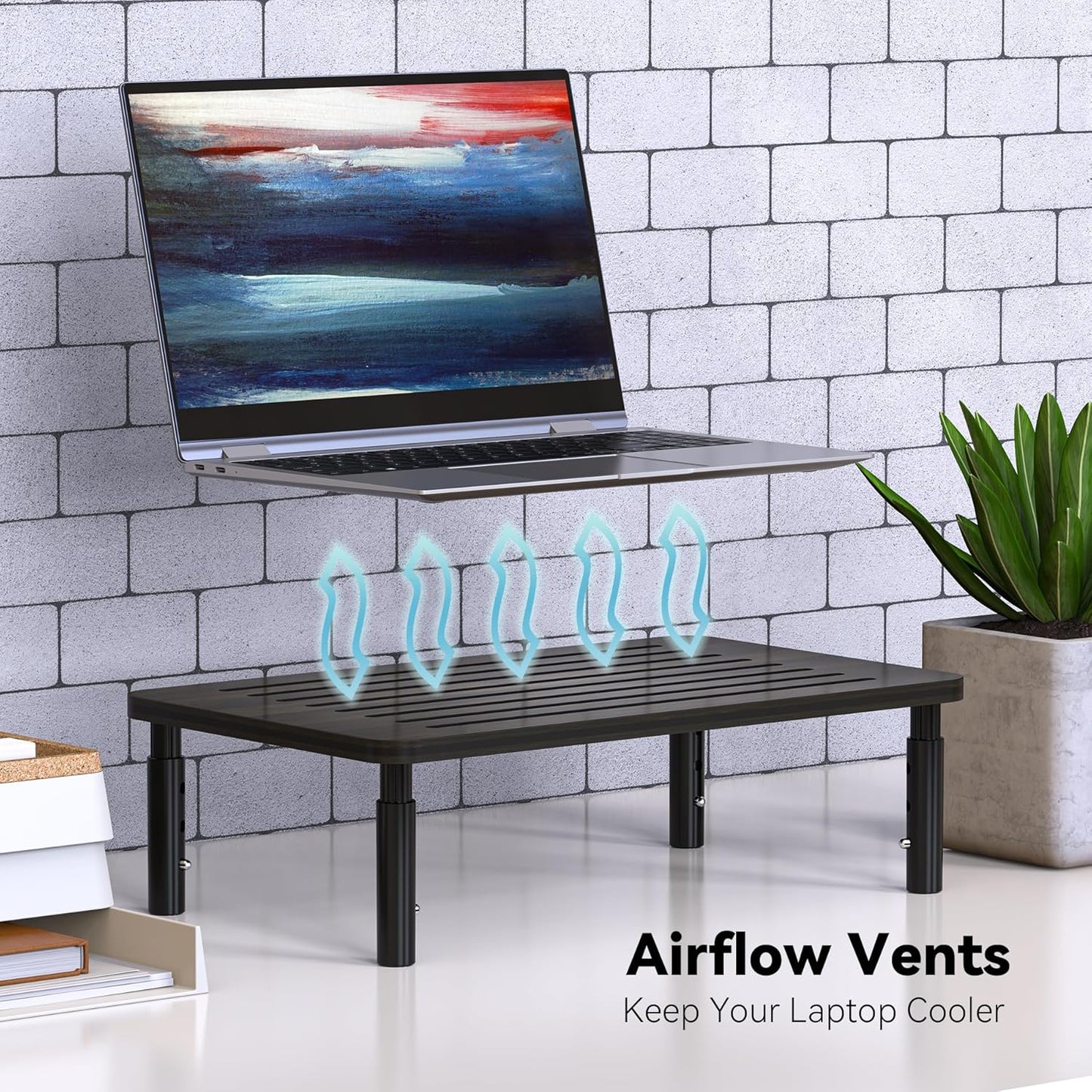 2 Pack Bamboo Monitor Stand Riser, 4 Adjustable Height, Laptop Stand with Airflow Vents, Desk Organizer for Computer, PC, Printer (Wenge)