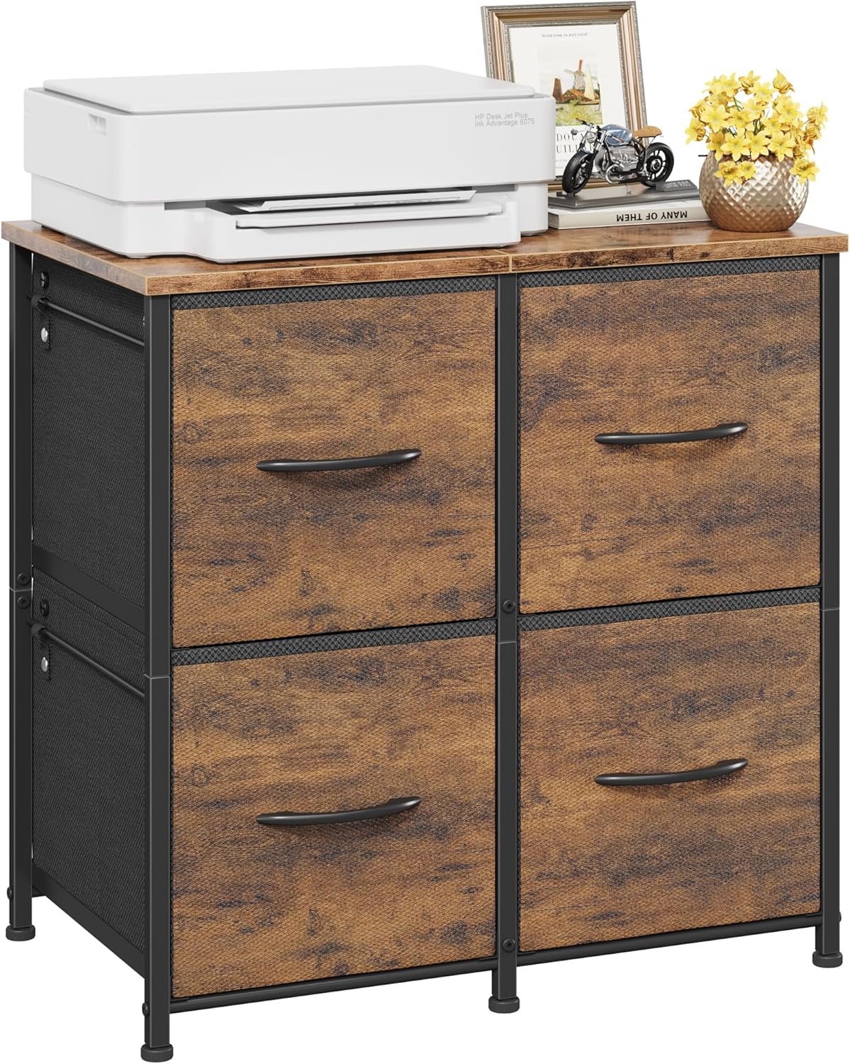 4 Drawer Lateral File Cabinet, Mobile Filing Cabinet for Large Printer, Home Office Functional Small Office Storage Cabinet & Printer Stand, Fabric Drawer, Fits Letter/A4, Rustic Brown