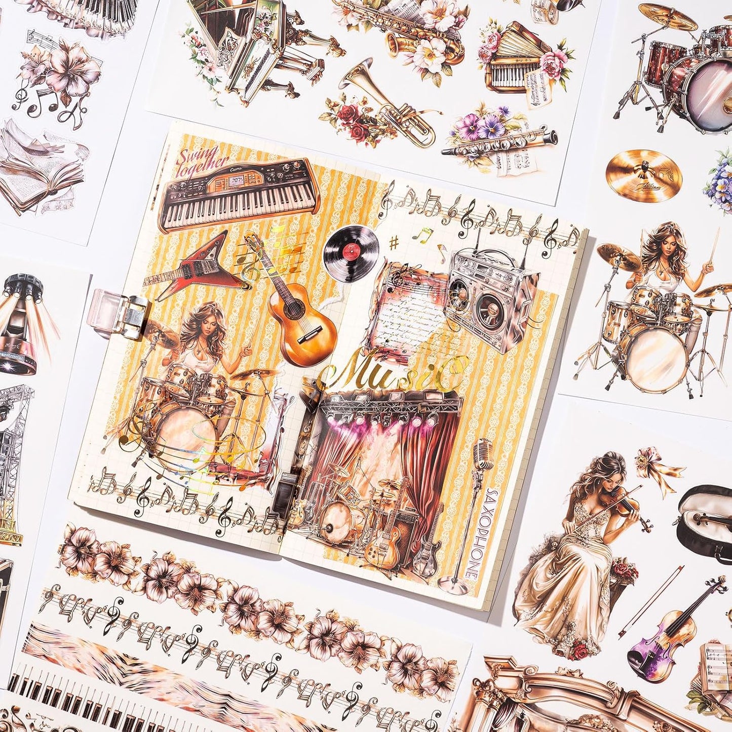 YagCu Journal Sticker Book, Music Life Scrapbook Stickers, Junk Journal Supplies, Pre-Cut Aesthetic Scrapbooking and Journaling for Women, Decorative Ephemera Bullet Planner DIY Arts