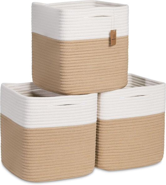 NaturalCozy Storage Cubes 11 Inch Cotton Rope Woven Baskets for Organizing, 3-Pack | Cube Storage Bin | Square Storage Baskets for Shelves Organizer, Classroom, Kids Toy Bins, Closet, Baby Nursery