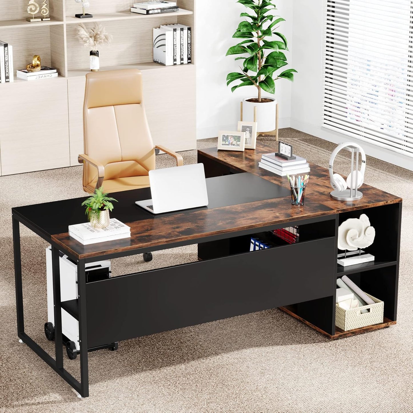 Tribesigns 71 inch Executive Desk, L Shaped Desk with Cabinet Storage, Executive Office Desk with Shelves, Business Furniture Workstation for Home Office, Brown and Black