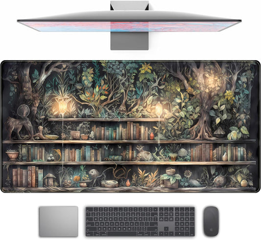 Forest Library Book Mouse Pad Desk Mat, Mystical Green Tree House XXL Extended Large Gaming Desk Pad Mousepad Computer Laptop Keyboard and Mouse Mat, Office Desk Decor Pad for Women 31.5x15.7 in