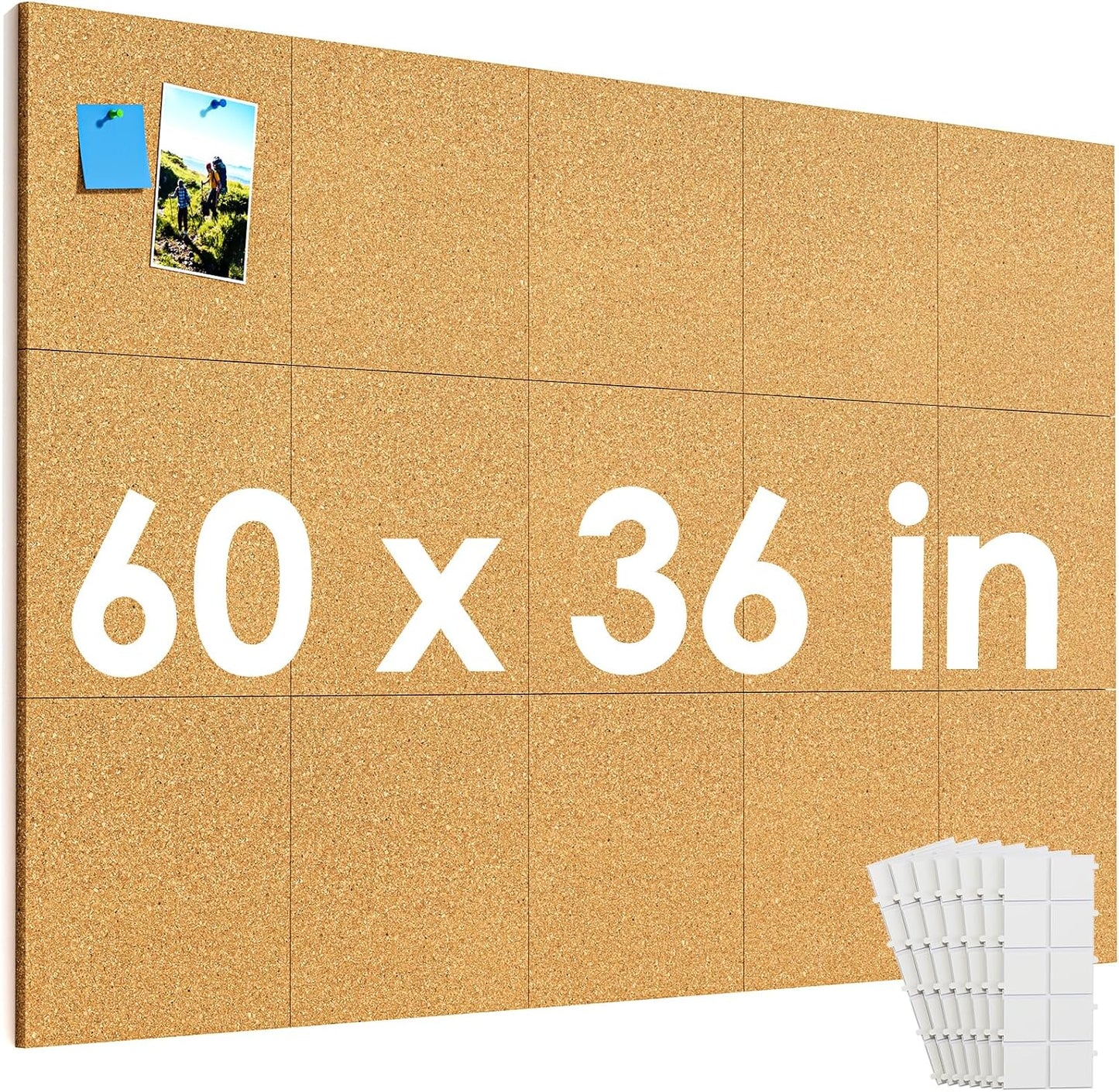 MaxGear Large Cork Board for Wall 60" x 36", 15 Pack Cork Board Tiles with 40 Pushpins & Safe Removable Adhesive Tabs, 12" x 12" Corkboards for Office, School, Home