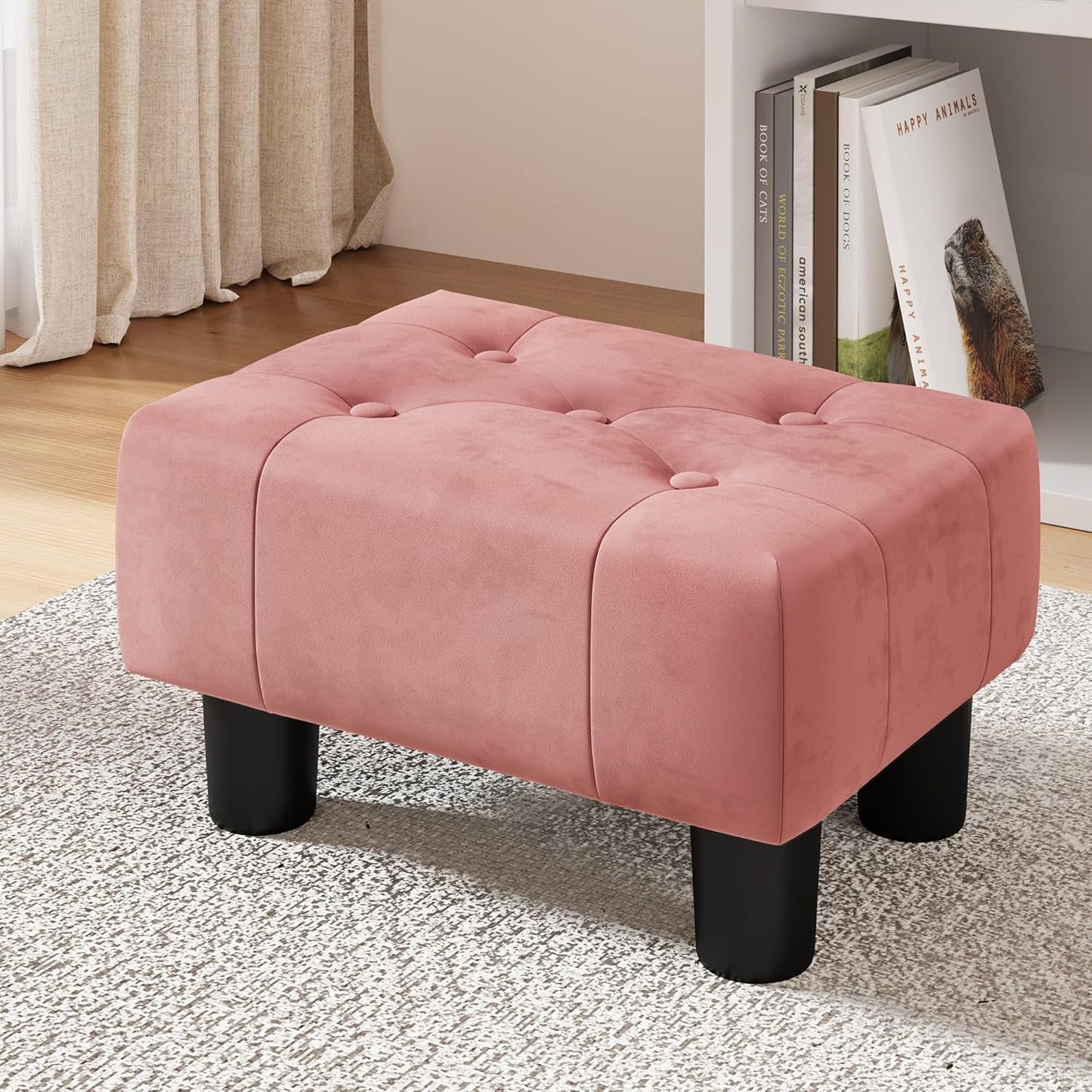 LUE BONA Small Foot Stool Ottoman, Velvet Tufted Footrest with Plastic Legs, 9''H, Rectangle Foot Stools for Adult with Non-Slip Pads, Footstool for Living Room,Couch, Pink