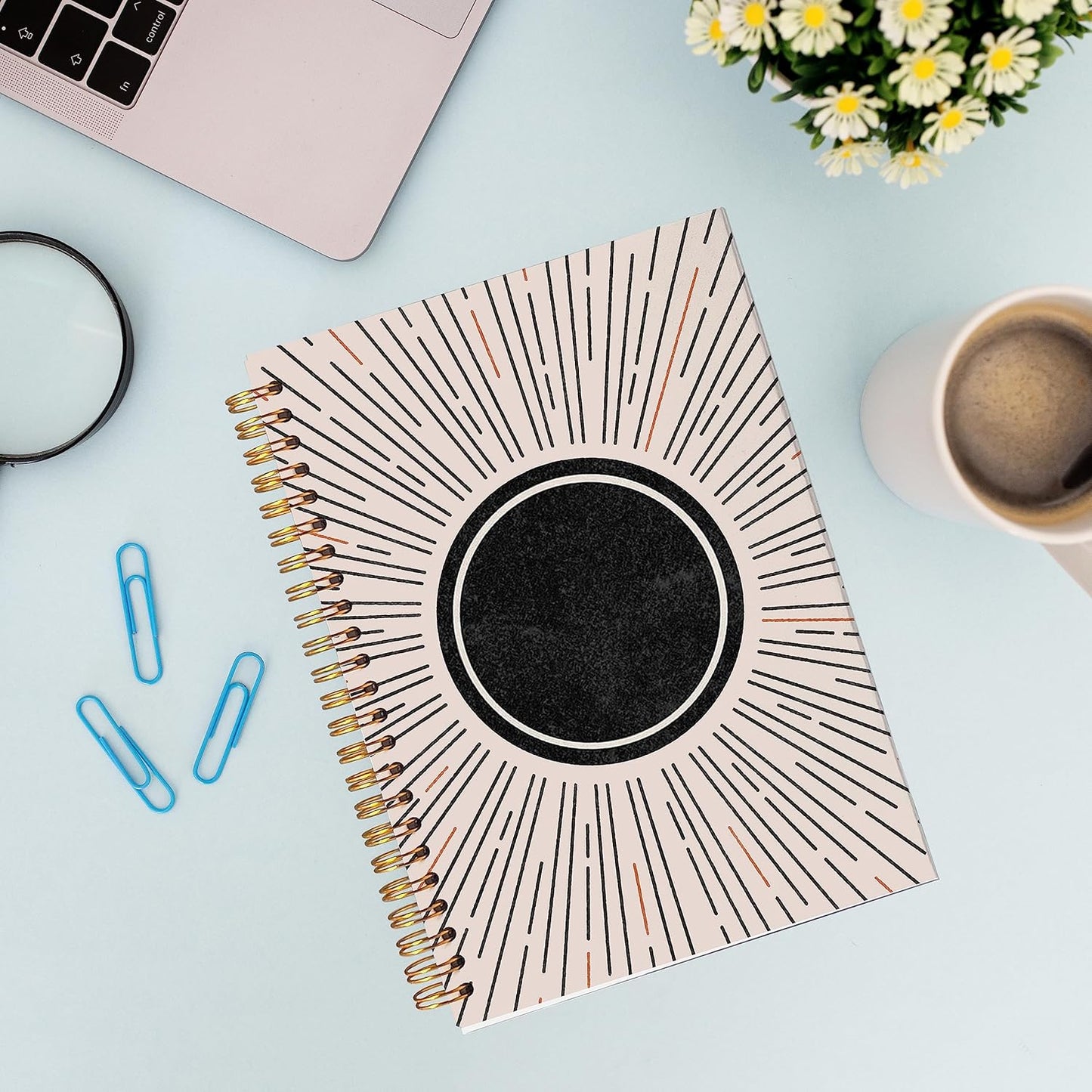 VNWEK Abstract Boho Black Sun Sunshine Sunray Sunburst Spiral Notebook Journal 5.5 x 8.3 inches,Boho Lined Hardcover Spiral Notebook,Boho Gifts for Women Teen Girls Teens