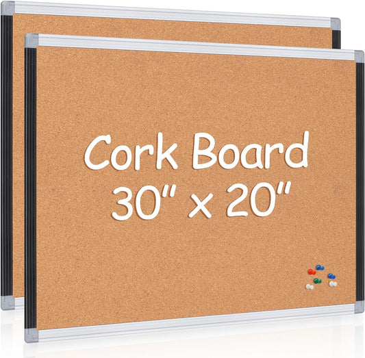 Board2by 2 Pack Cork Bulletin Board 20" x 30", Black/Silver Aluminium Framed Corkboard, Office Board for Wall Decor, Large Wall Mounted Notice Pin Board with 36 Push Pins for School, Home & Office