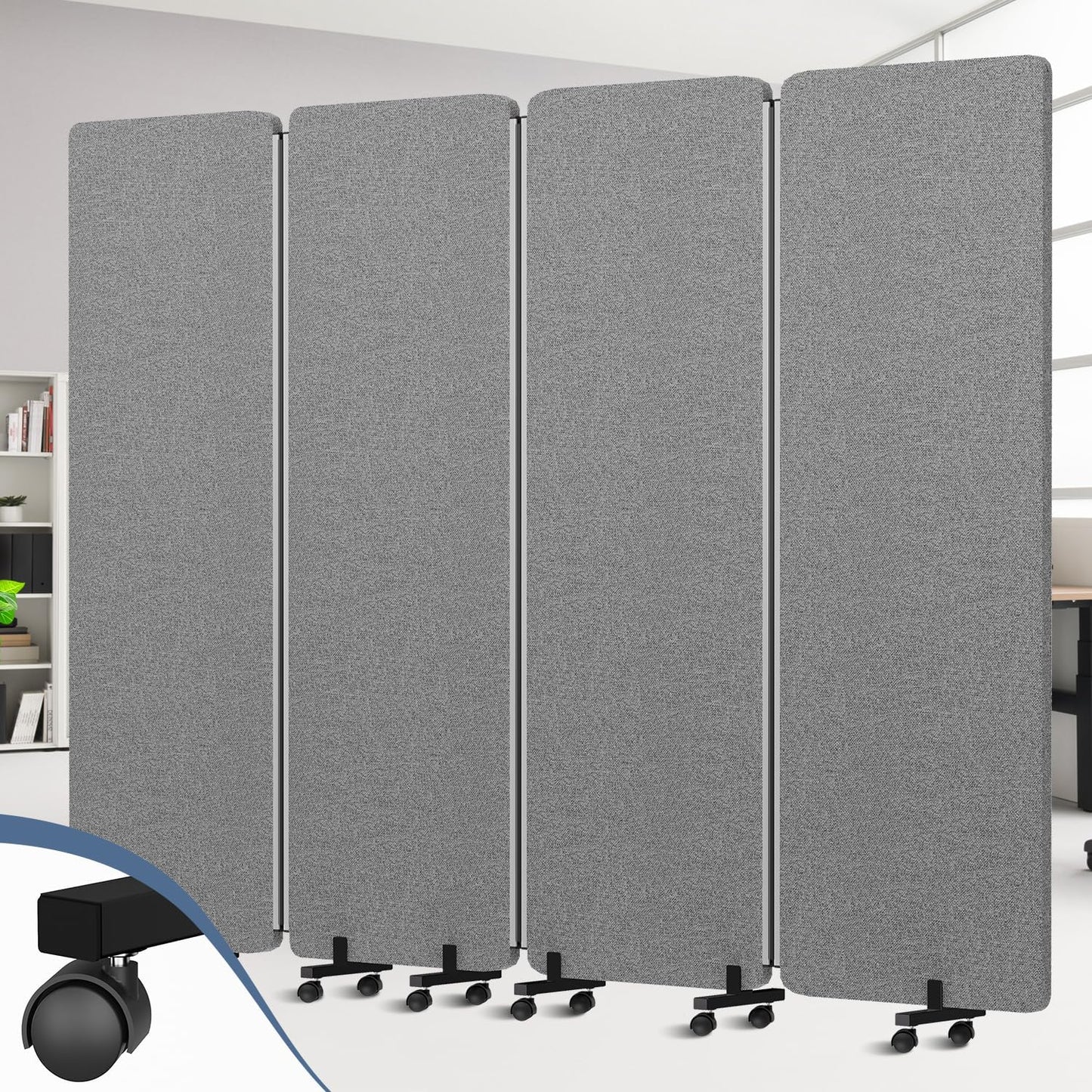 Acoustic Room Divider Privacy Panel with Wheels, 4 Panel Soundproof Room Divider (Aluminum Frame) for Room Partition, Folding Room Dividers Separation Office Cubicle Wall Sound Proof Partition Divider