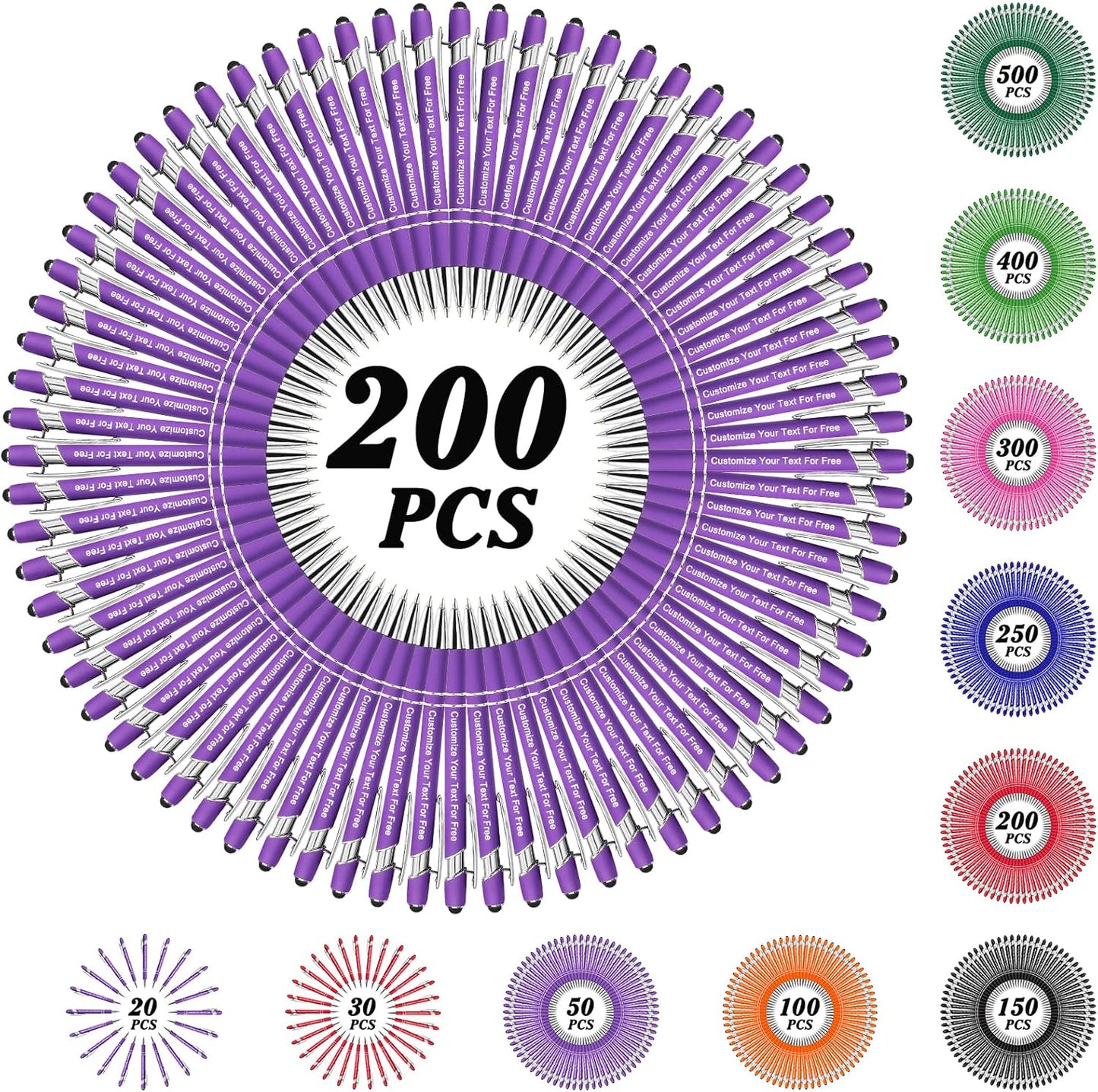 Max 500 Pcs Personalized Pens Bulk, Custom Pens with Free Engraving, Customized Stylus Tip Ballpoint Pen with Your Name Massage Text for School Office Business Graduation Anniversaries-200 Packs