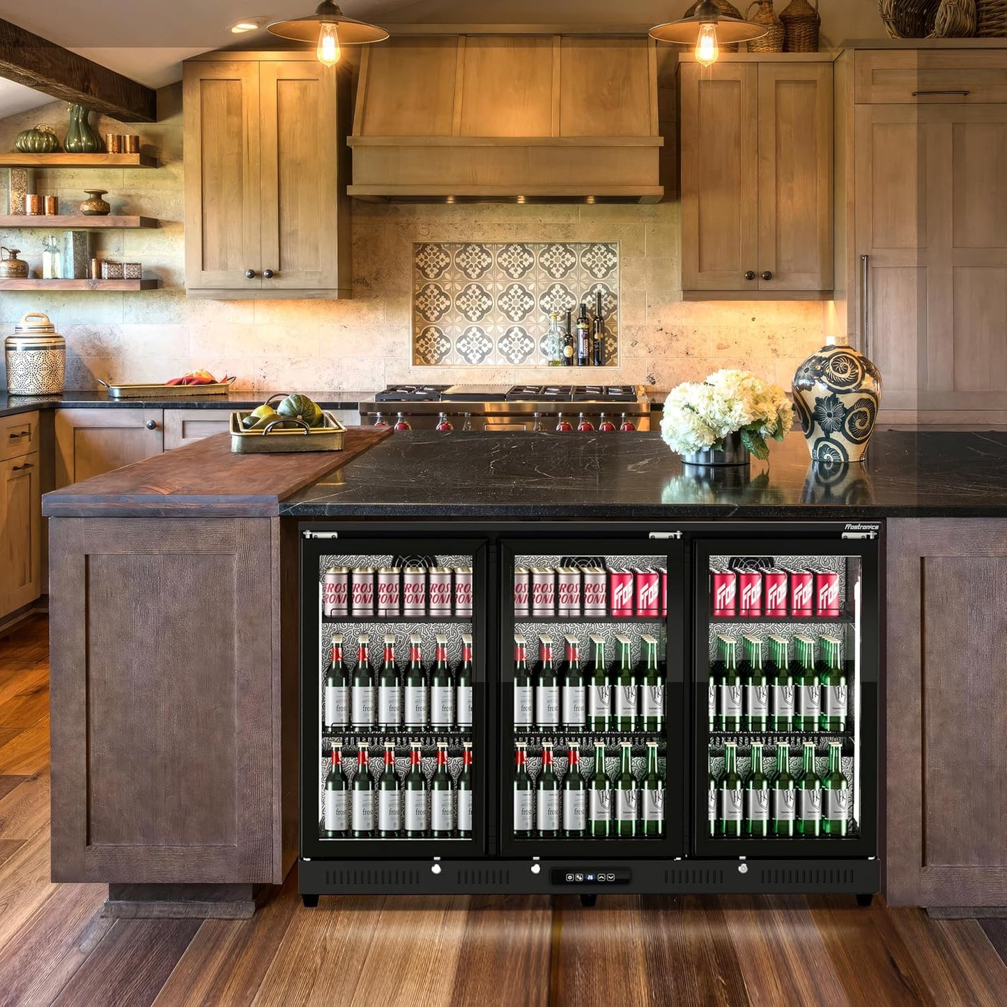 54 inch 318-can Triple Hinged Door Back Bar Cooler, 10.42 cu. ft. Under Counter Glass Door Bar Fridge with hinged doors, lockable, 32-50°F Beverage Refrigerator, ETL Certified, Black