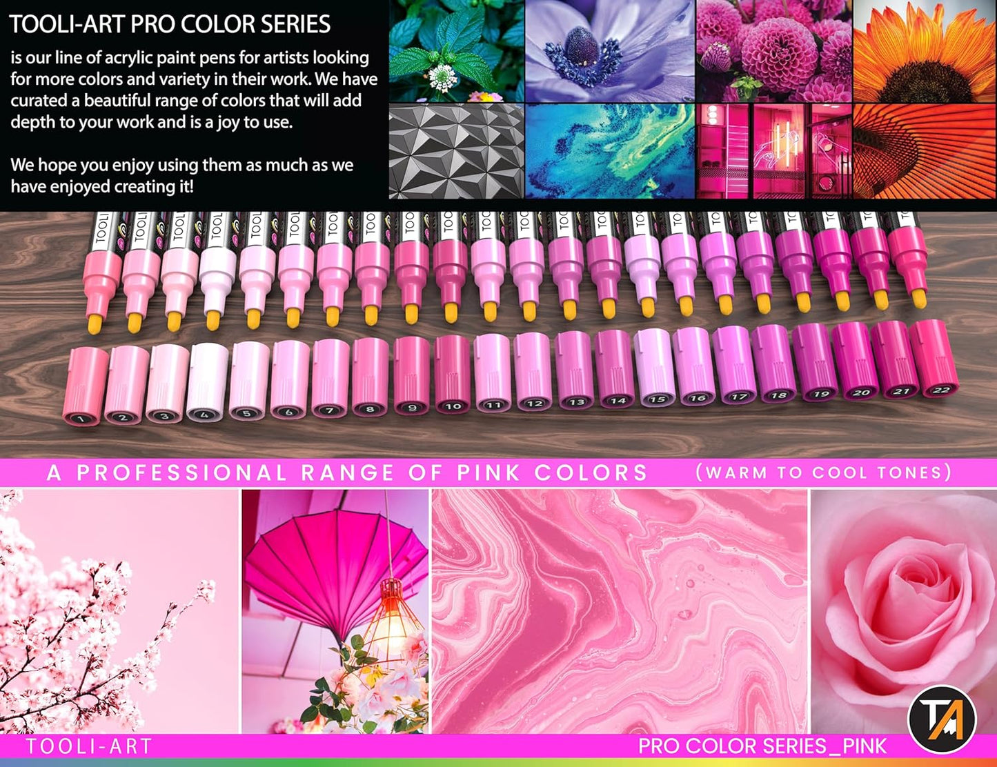 TOOLI-ART 22 Acrylic Paint Markers Paint Pens Pro Color Series Set 3mm Medium Tip for Rock Painting, Glass, Mugs, Wood, Metal, Glass Paint, Canvas, DIY. Non Toxic, Waterbased, Quick Drying (PINK)