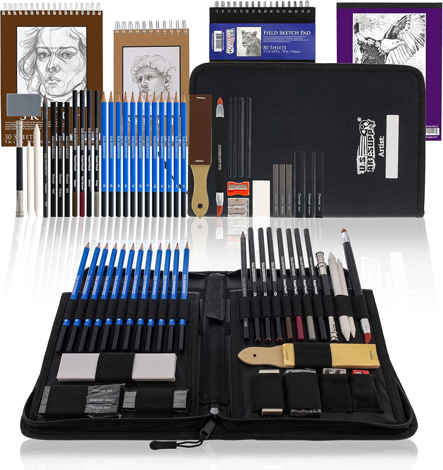 U.S. Art Supply 44-Piece Drawing & Sketching Art Set with 4 Sketch Pads (242 Paper Sheets) - Professional Artist Kit, Graphite, Charcoal, Pastel Pencils & Sticks, Erasers - Pop-Up Carry Case, Student