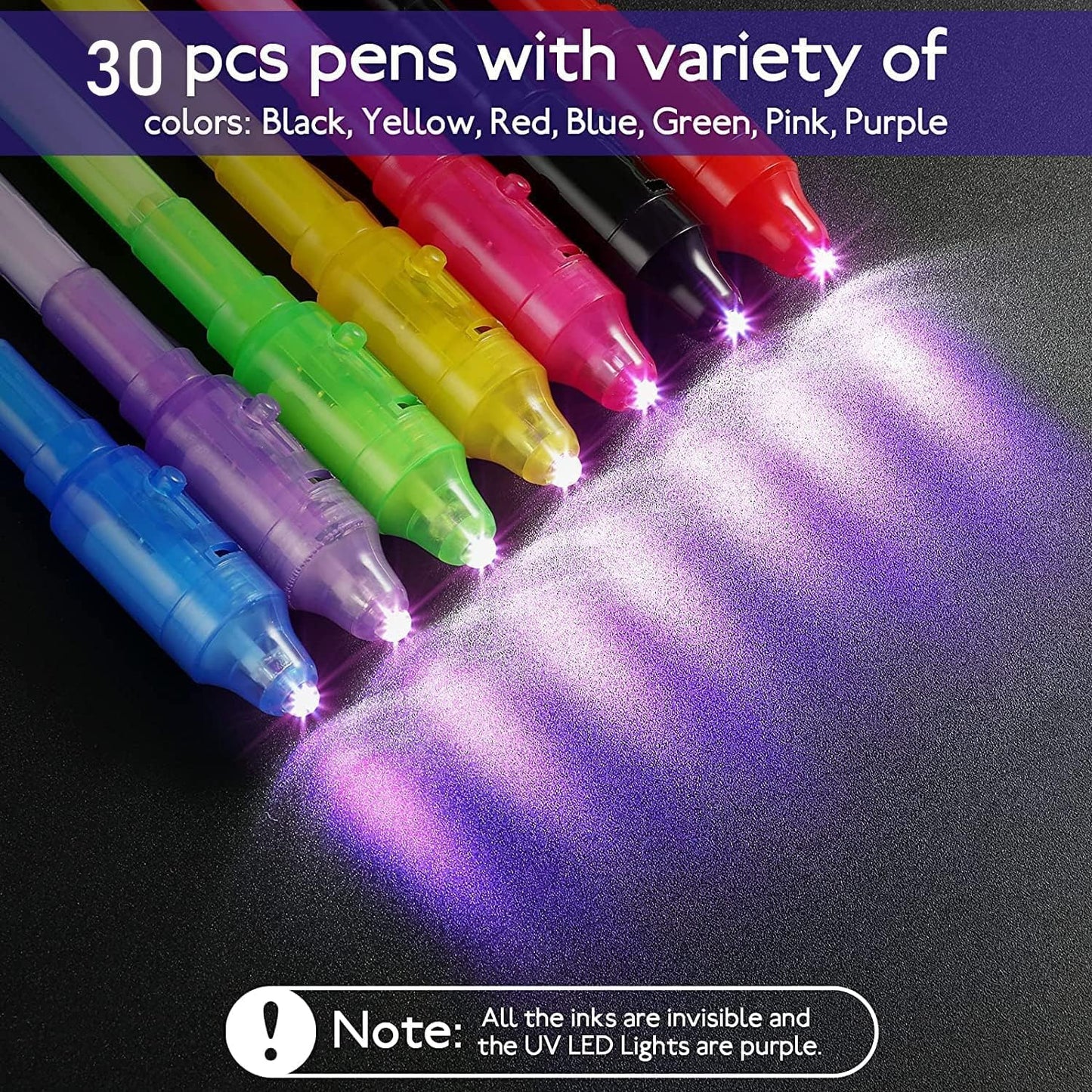 30PCS Invisible Ink Pens with UV Light, Party Favors for Kids, Spy Pens, Magic Pen Disappearing Ink for Writing Secret Message, Classroom Prizes, Stocking Stuffers