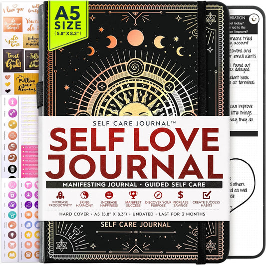 Self Love Journal - 5 Minute Self Care & Mental Health Journal | 90-Day Undated Daily Planner for Positivity, Affirmations & Gratitude | Guided Mindfulness, Reflection | Folded Vision Board + Stickers