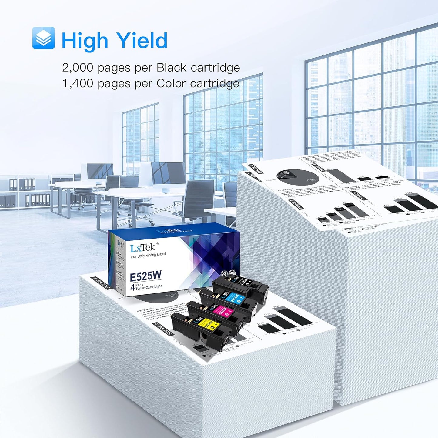 LxTek Remanufactured Toner Cartridge Replacement for Dell E525W E525 to use with E525W Color Laser Printer, 4 Pack (593-BBJX 593-BBJU 593-BBJV 593-BBJW)