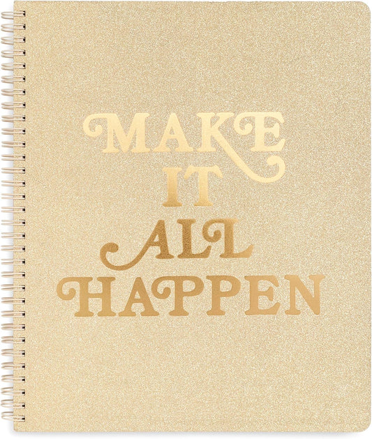 ban.do Rough Draft Large Spiral Notebook with Saying, 11" x 9" with Pockets and 160 College Ruled Pages, Make It All Happen (gold glitter)