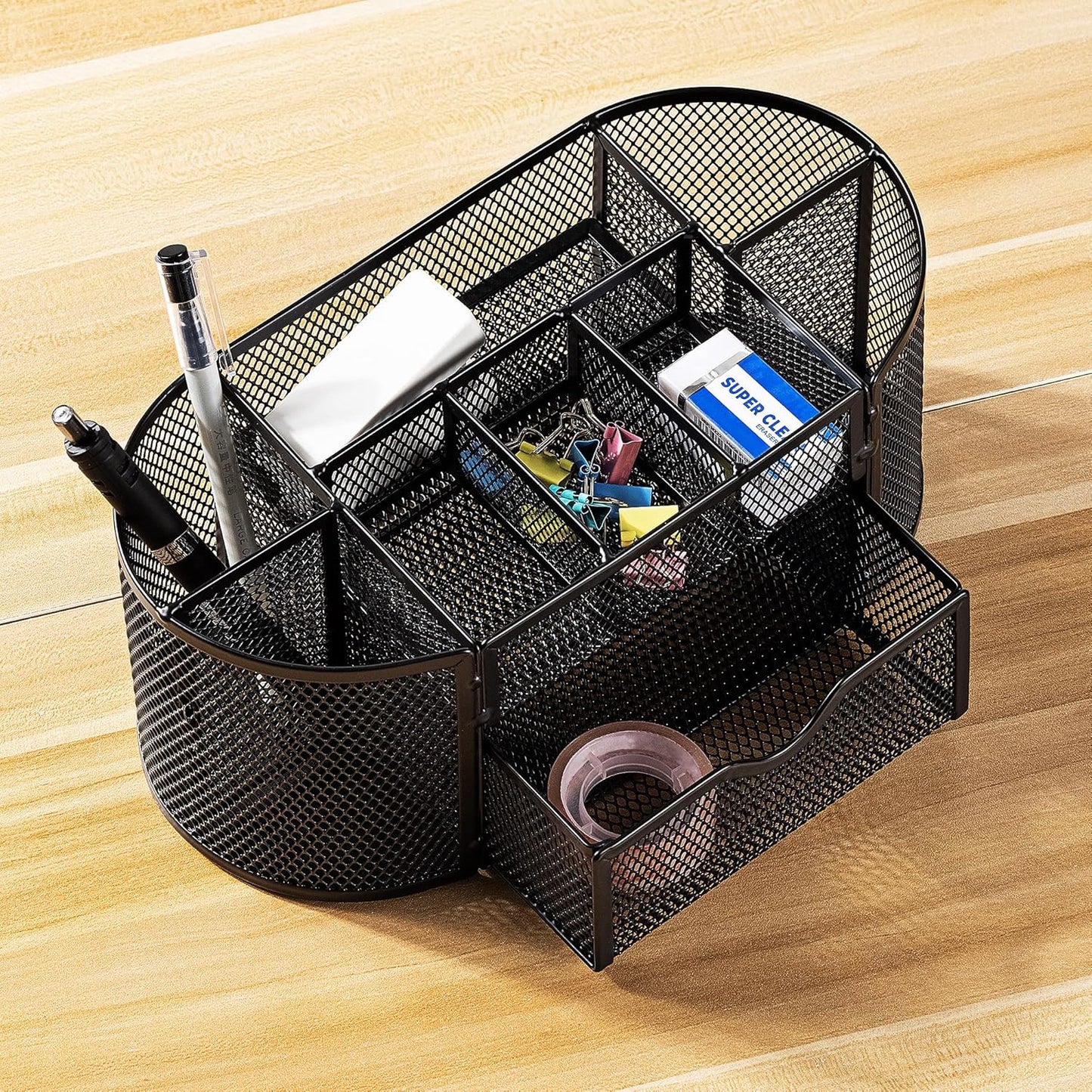 Amazon Basics Pen Holder and Desk Organizer, Office Caddy Storage, Black, ‎9.25" x 4.53" x 3.94"