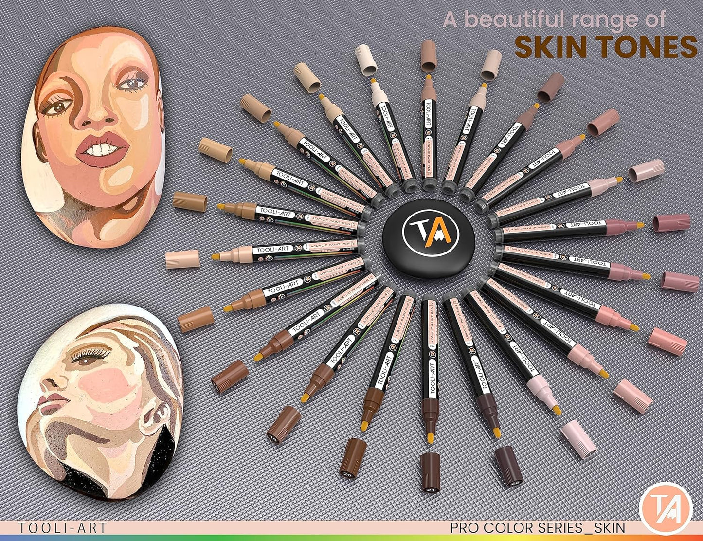 TOOLI-ART 22 Acrylic Paint Markers Paint Pens Pro Color Series Set 3mm Medium Tip for Rock Painting, Glass, Mugs, Wood, Metal, Glass Paint, Canvas, DIY. Non Toxic, Waterbased, Quick Drying (SKIN)