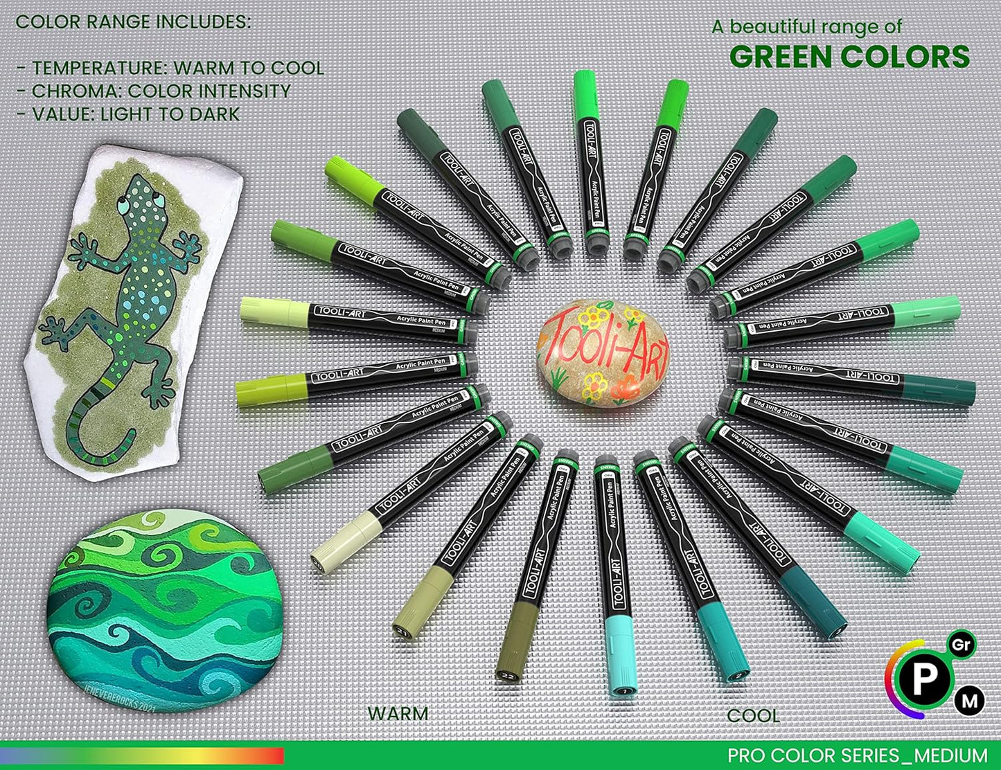 TOOLI-ART 22 Acrylic Paint Markers Paint Pens Pro Color Series Set 3mm Medium Tip for Rock Painting, Glass, Mugs, Wood, Metal, Glass Paint, Canvas, DIY. Non Toxic, Waterbased, Quick Drying (GREENS)