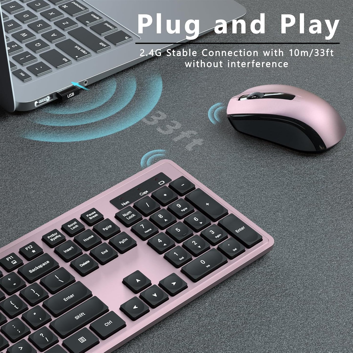 Wireless Keyboard and Mouse Combo, COVEVA 2.4GHz Wireless Keyboard Mouse with USB Receiver, Water-Dropping Keycaps, 104 Keys Full Size with Number Pad for PC Laptop Computer Desktop(Black Pink)