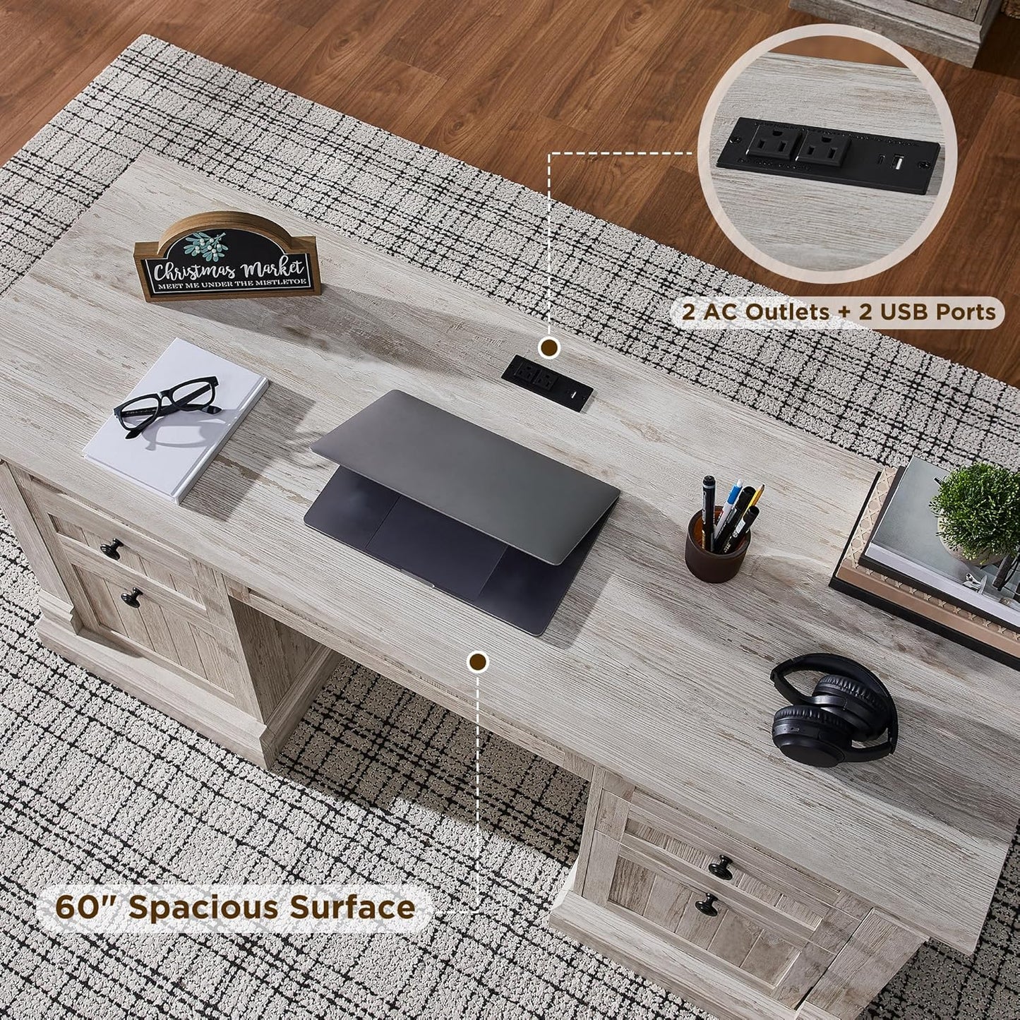 OKD 60" Executive Desk with Drawers, Farmhouse Home Office Desk with Charging Station, Keyboard Tray, File Cabinet Storage, Wood Computer Desk for Work and Study, Antique Brushed White